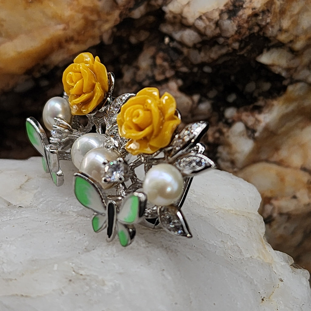 Passion Rose / Floral Jewelry Silver Earrings Natural Pearls Topas Stone Hypoallergenic Jewelry Most Popular Jewelry Gift For Women