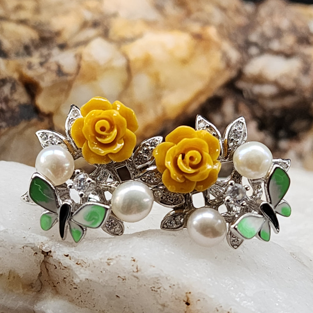 Passion Rose / Floral Jewelry Silver Earrings Natural Pearls Topas Stone Hypoallergenic Jewelry Most Popular Jewelry Gift For Women