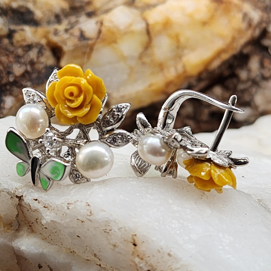 Passion Rose / Floral Jewelry Silver Earrings Natural Pearls Topas Stone Hypoallergenic Jewelry Most Popular Jewelry Gift For Women