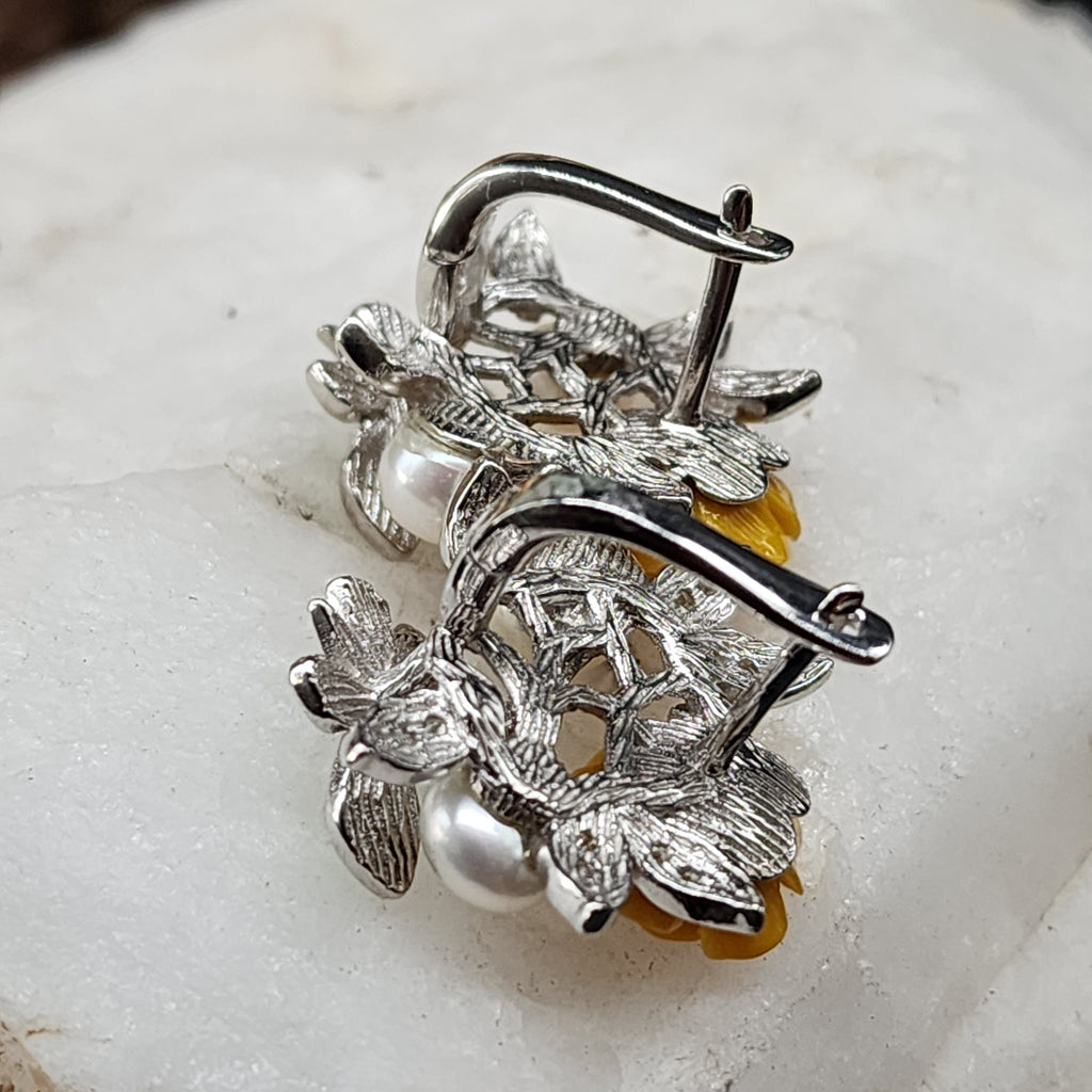 Passion Rose / Floral Jewelry Silver Earrings Natural Pearls Topas Stone Hypoallergenic Jewelry Most Popular Jewelry Gift For Women