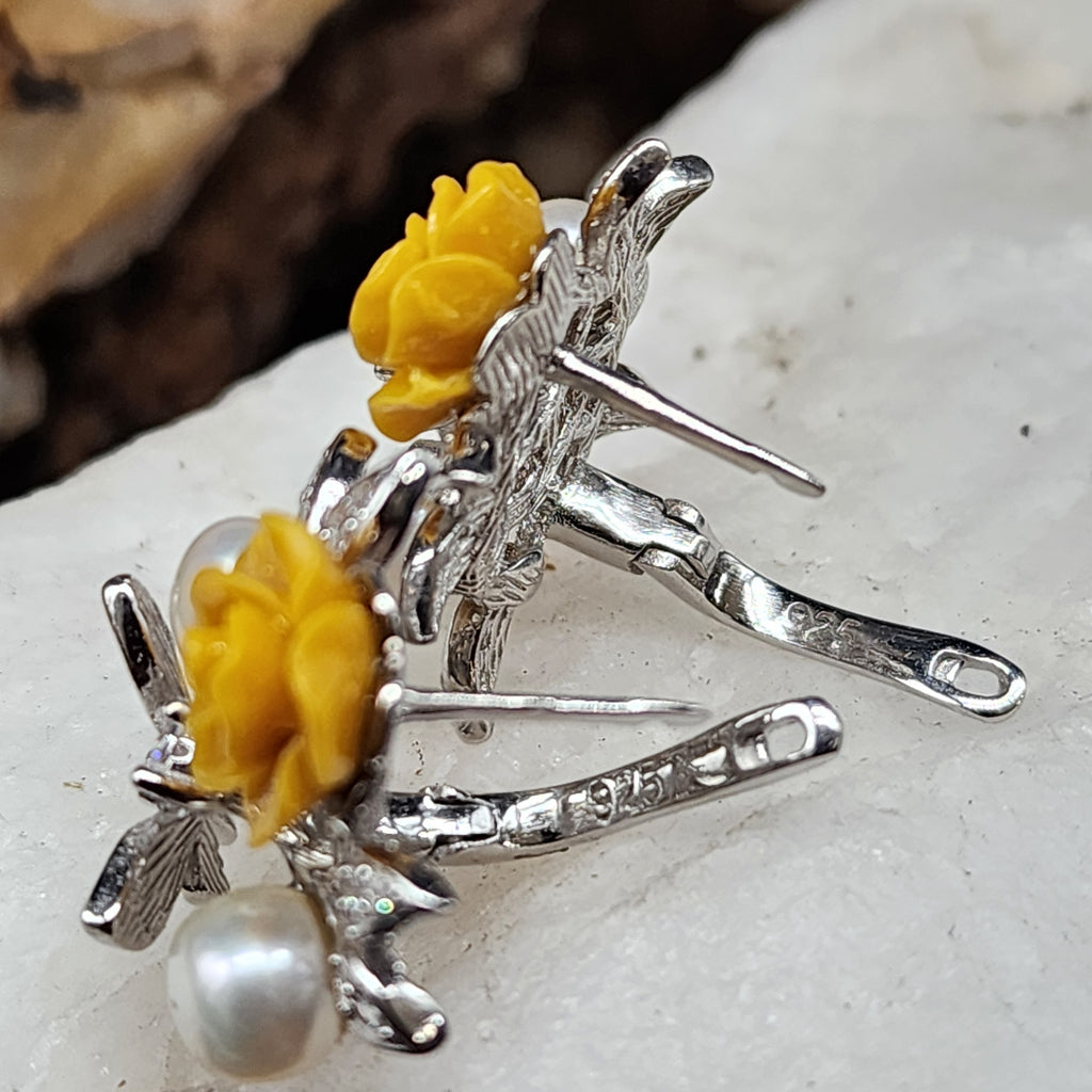 Passion Rose / Floral Jewelry Silver Earrings Natural Pearls Topas Stone Hypoallergenic Jewelry Most Popular Jewelry Gift For Women