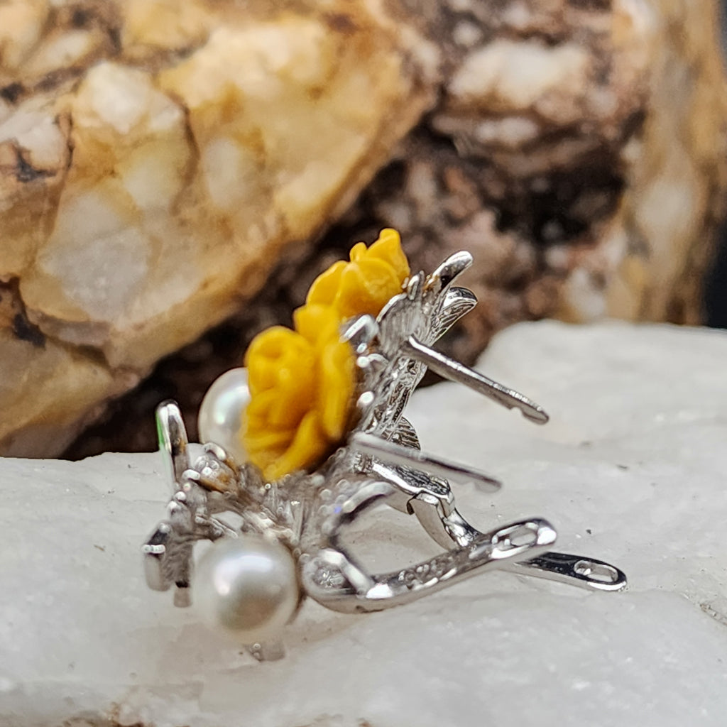 Passion Rose / Floral Jewelry Silver Earrings Natural Pearls Topas Stone Hypoallergenic Jewelry Most Popular Jewelry Gift For Women