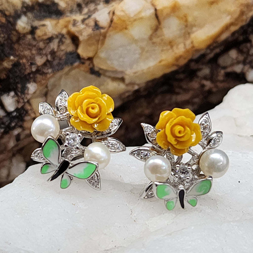 Passion Rose / Floral Jewelry Silver Earrings Natural Pearls Topas Stone Hypoallergenic Jewelry Most Popular Jewelry Gift For Women
