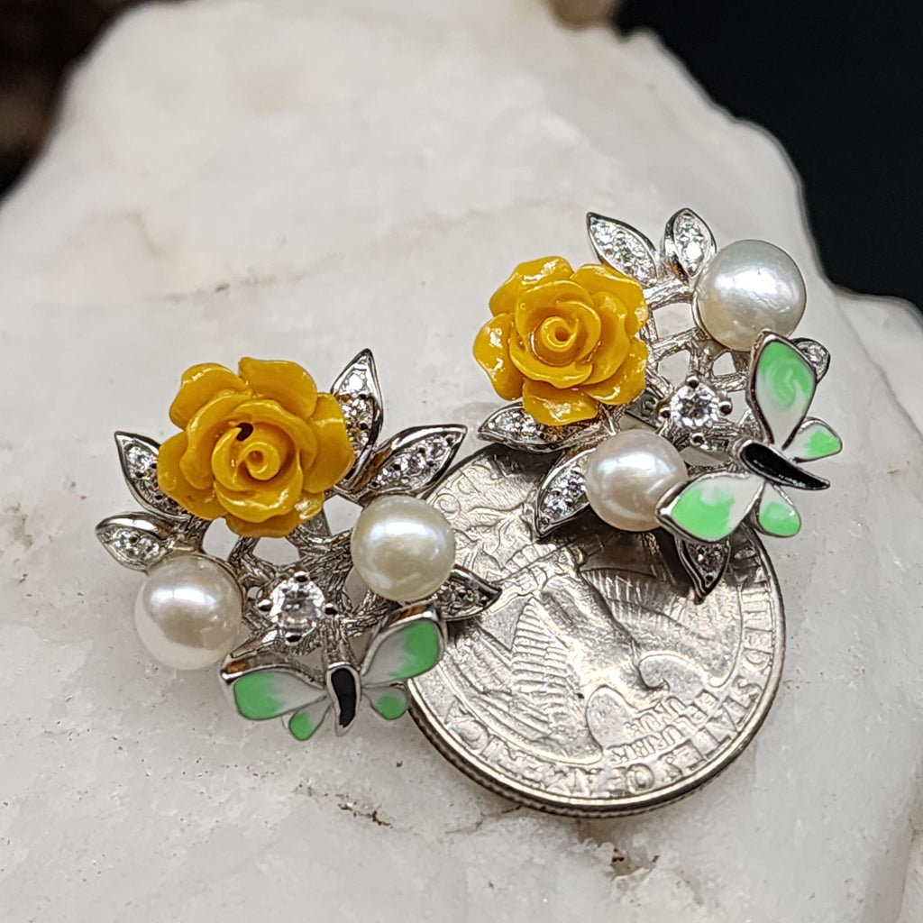 Passion Rose / Floral Jewelry Silver Earrings Natural Pearls Topas Stone Hypoallergenic Jewelry Most Popular Jewelry Gift For Women