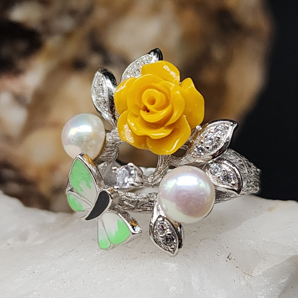 PASSION ROSE / 6.5 / Floral Jewelry Silver Ring Natural Pearls Topaz Stone Hypoallergenic Jewelry Most Popular Jewelry Gift For Women