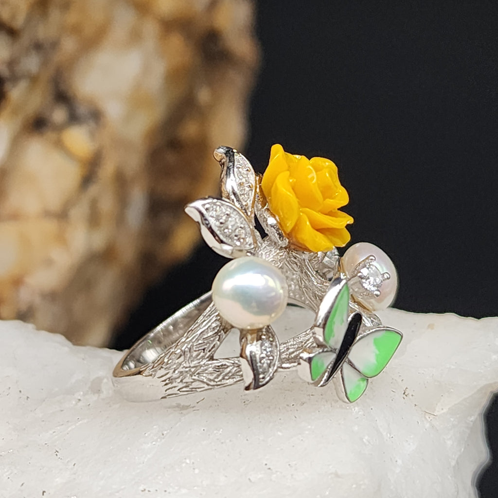PASSION ROSE / 6.5 / Floral Jewelry Silver Ring Natural Pearls Topaz Stone Hypoallergenic Jewelry Most Popular Jewelry Gift For Women