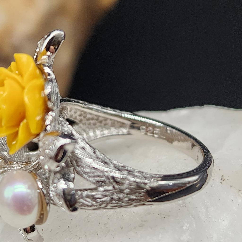 PASSION ROSE / 6.5 / Floral Jewelry Silver Ring Natural Pearls Topaz Stone Hypoallergenic Jewelry Most Popular Jewelry Gift For Women