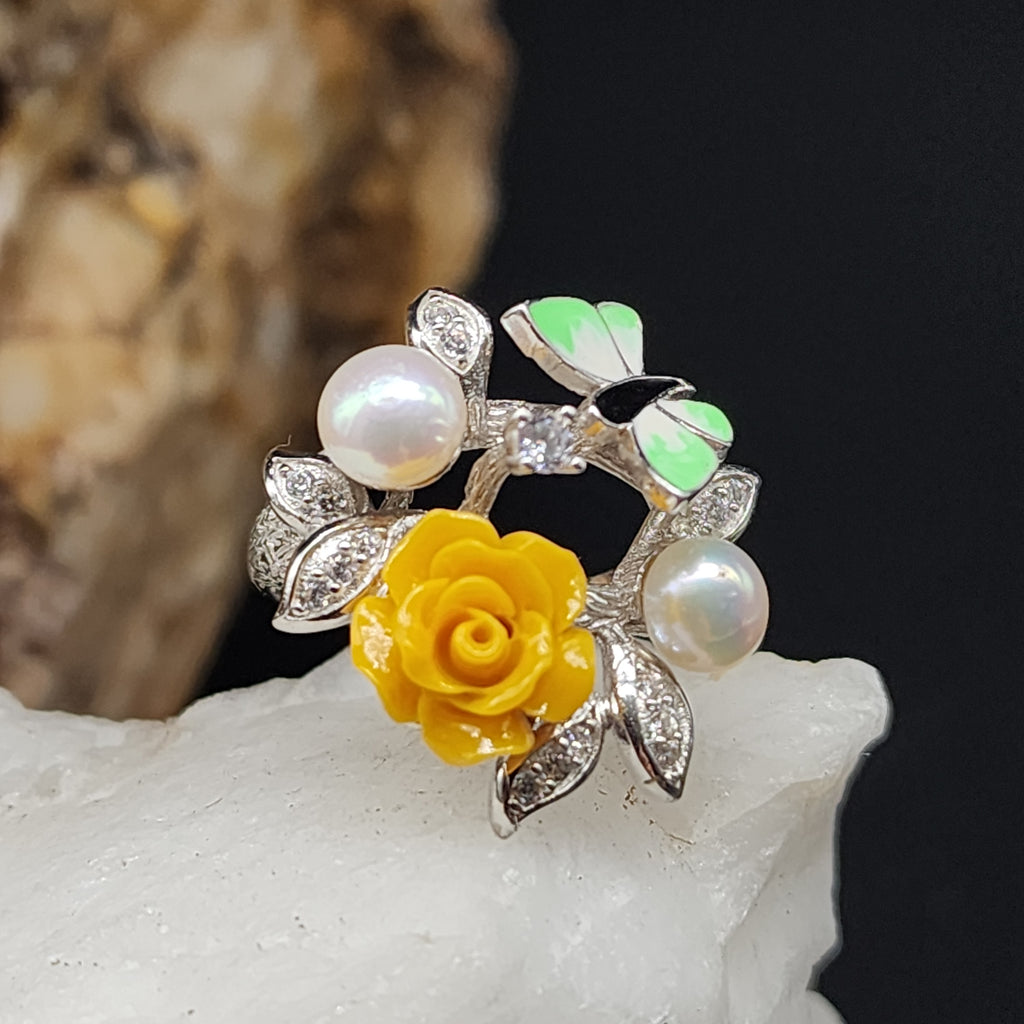 PASSION ROSE / 6.5 / Floral Jewelry Silver Ring Natural Pearls Topaz Stone Hypoallergenic Jewelry Most Popular Jewelry Gift For Women