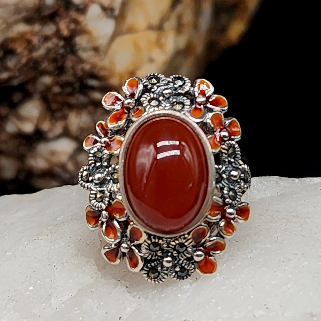 Rock Flower / 8 / Designer Jewelry Carnelian Stone Unique Ring Hypoallergenic Silver 925 Ring Gift for Momen