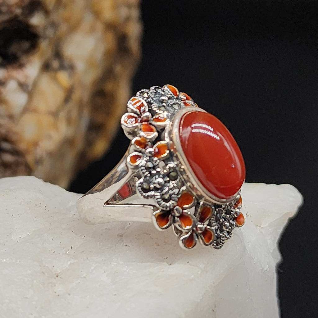 Rock Flower / 8 / Designer Jewelry Carnelian Stone Unique Ring Hypoallergenic Silver 925 Ring Gift for Momen