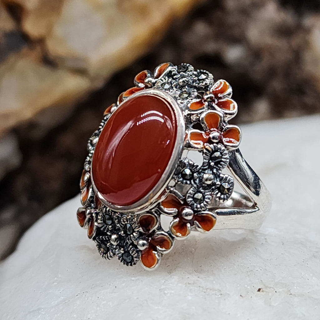 Rock Flower / 8 / Designer Jewelry Carnelian Stone Unique Ring Hypoallergenic Silver 925 Ring Gift for Momen