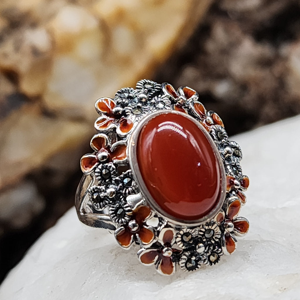 Rock Flower / 8 / Designer Jewelry Carnelian Stone Unique Ring Hypoallergenic Silver 925 Ring Gift for Momen