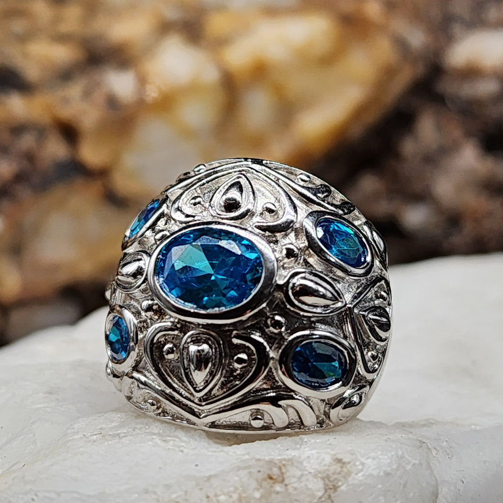 OCEAN STINGRAY / 7.5 / Designer Jewelry Blue Topaz Gemstones Unique Ring Hypoallergenic Silver 925 Ring Gift for Momen