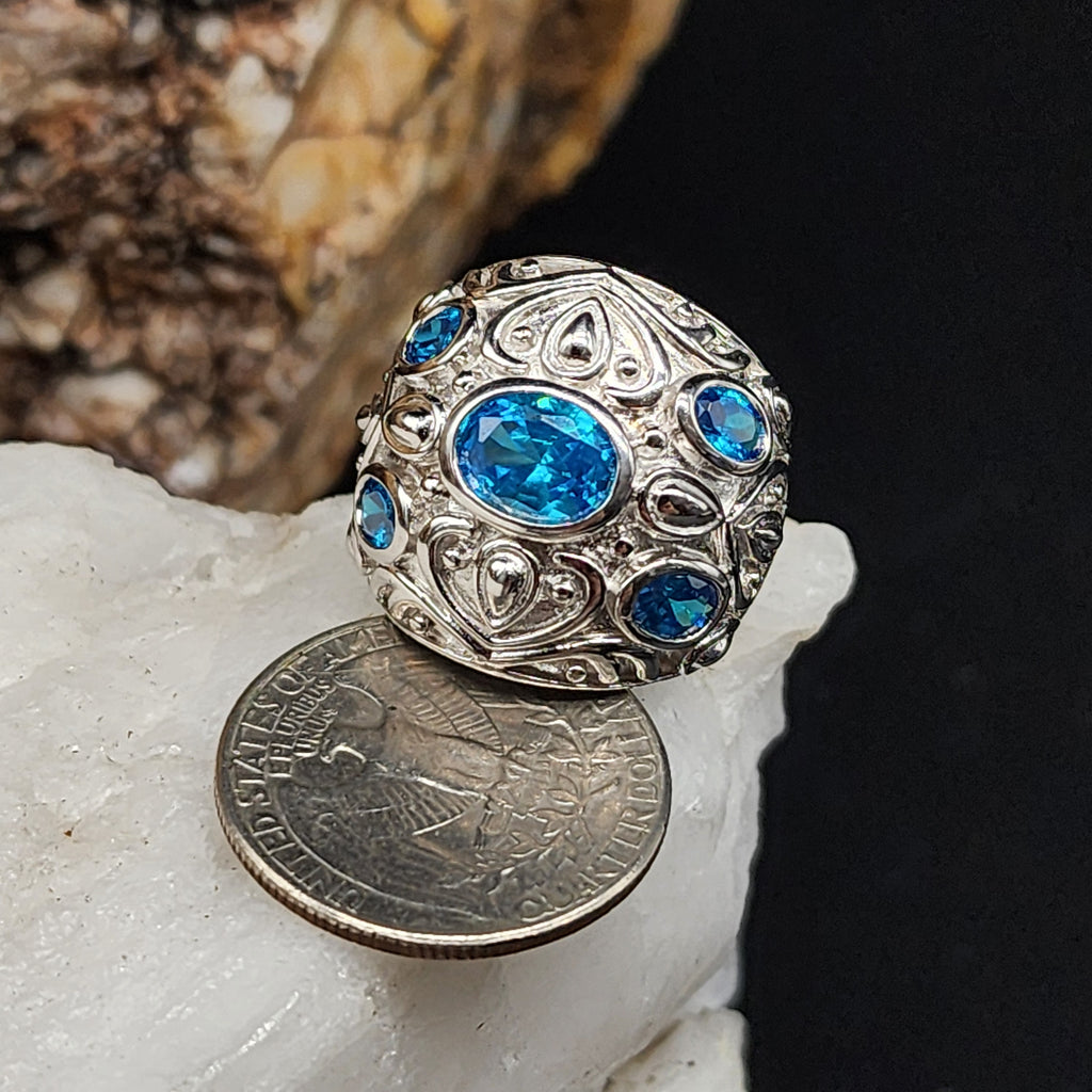 OCEAN STINGRAY / 7.5 / Designer Jewelry Blue Topaz Gemstones Unique Ring Hypoallergenic Silver 925 Ring Gift for Momen