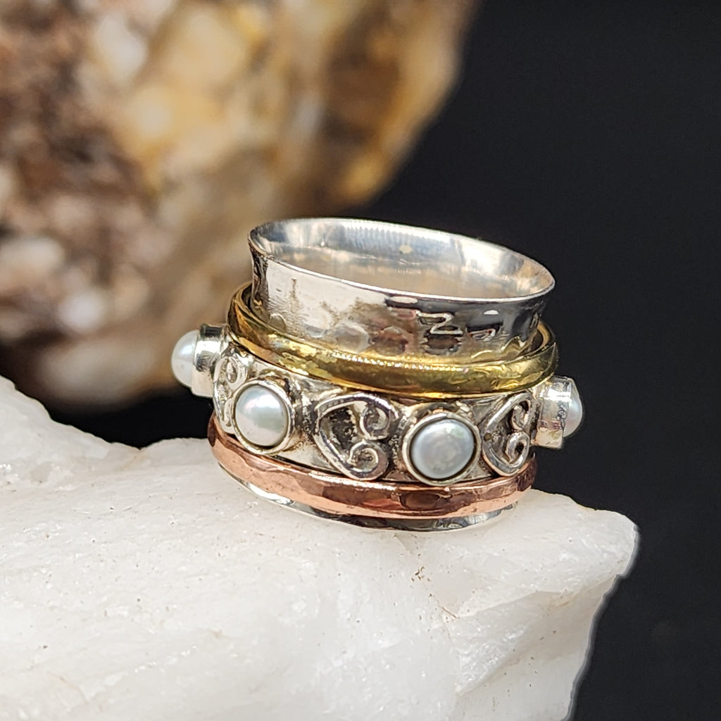 TIBET Mystic D /6.8 / 925 Silver Gold Ring Natural Pearls Stone Hypoallergenic Jewelry Most Popular Jewelry Gift For Women