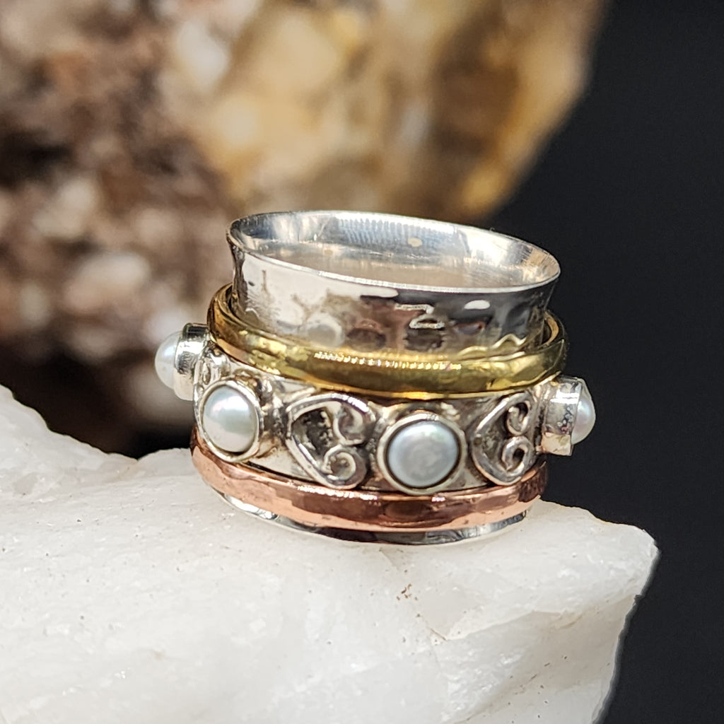TIBET Mystic D /6.8 / 925 Silver Gold Ring Natural Pearls Stone Hypoallergenic Jewelry Most Popular Jewelry Gift For Women