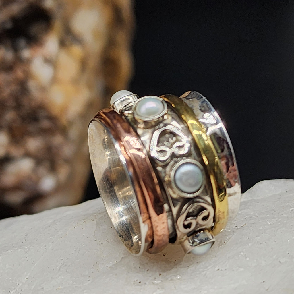 TIBET Mystic D /6.8 / 925 Silver Gold Ring Natural Pearls Stone Hypoallergenic Jewelry Most Popular Jewelry Gift For Women