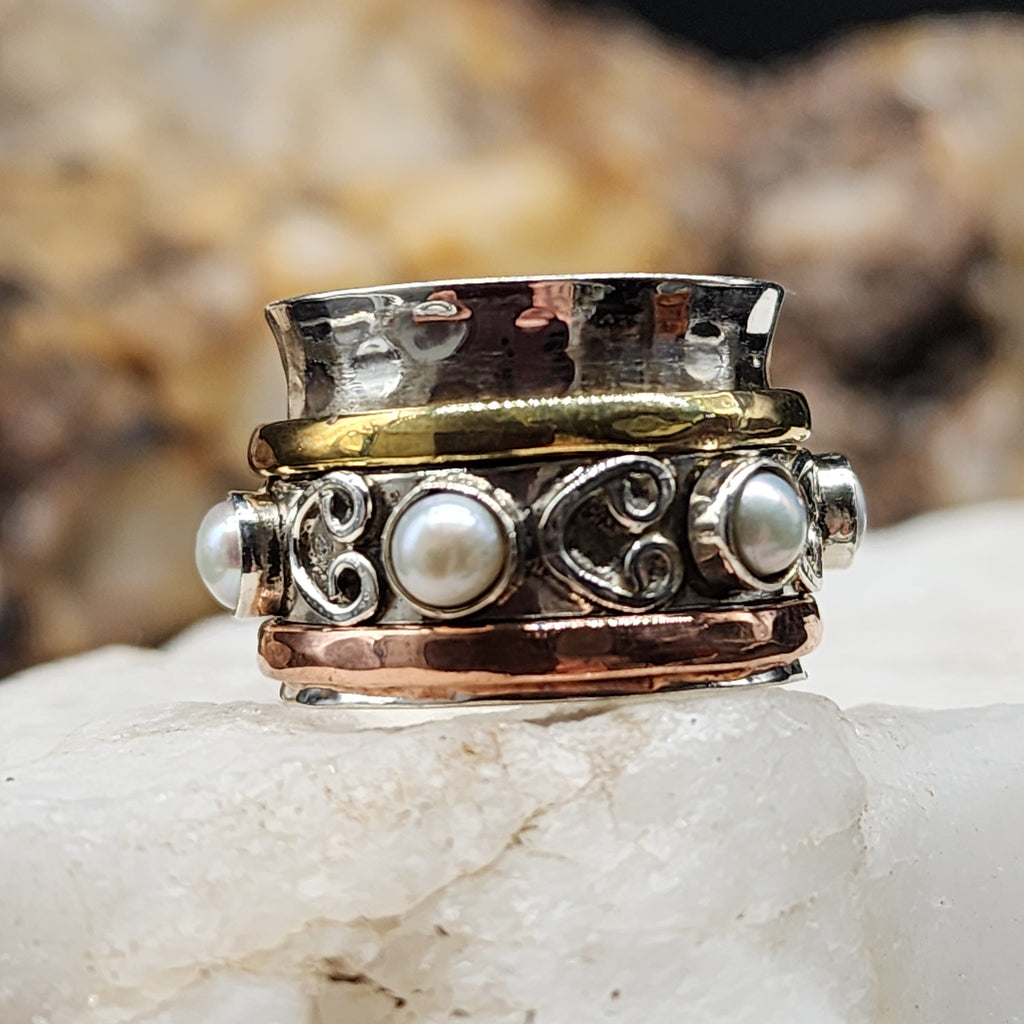 TIBET Mystic D /6.8 / 925 Silver Gold Ring Natural Pearls Stone Hypoallergenic Jewelry Most Popular Jewelry Gift For Women