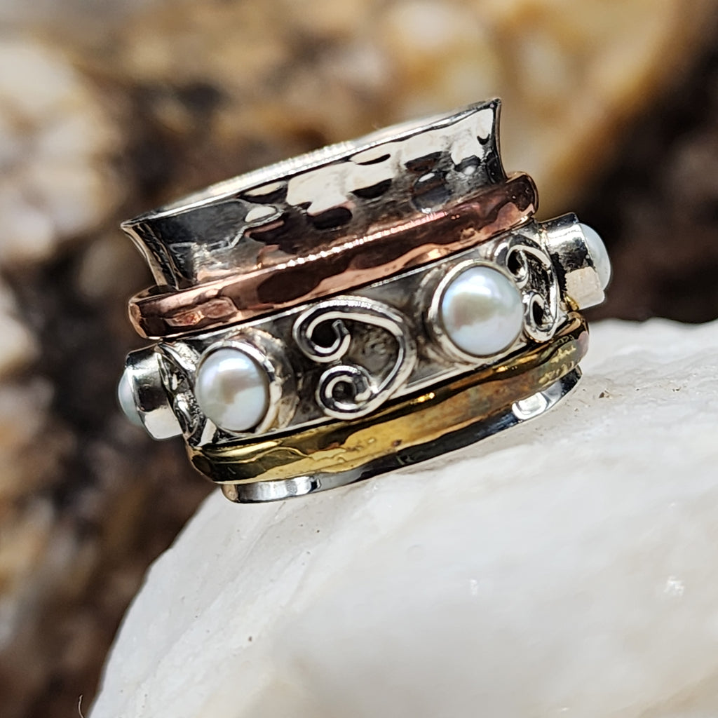 TIBET Mystic D /6.8 / 925 Silver Gold Ring Natural Pearls Stone Hypoallergenic Jewelry Most Popular Jewelry Gift For Women