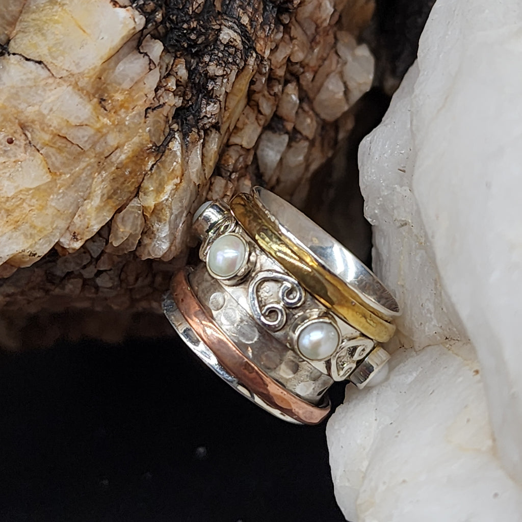 TIBET Mystic D /6.8 / 925 Silver Gold Ring Natural Pearls Stone Hypoallergenic Jewelry Most Popular Jewelry Gift For Women