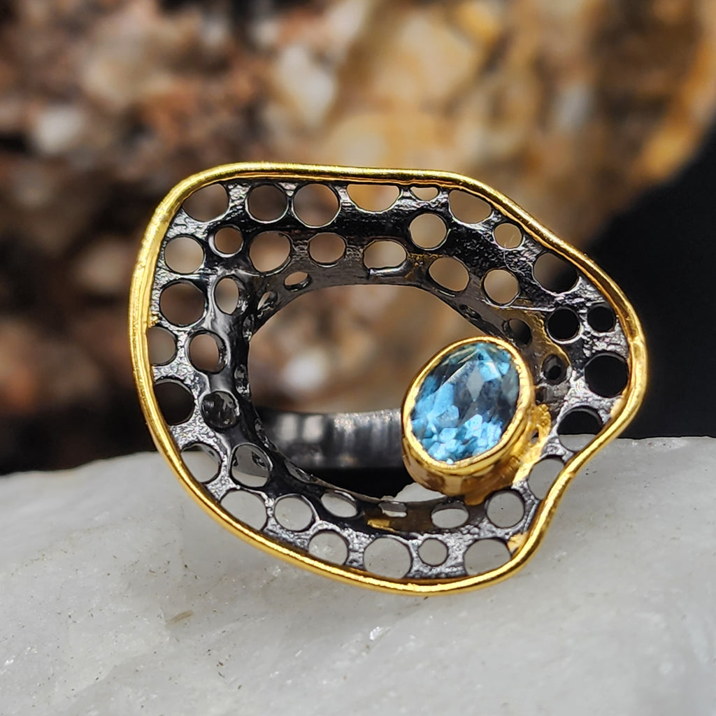 RARE FEELINGS / 8 / Designer Jewelry Aquamarine Stone Unique Ring Hypoallergenic Silver 925 Ring Gift for Momen