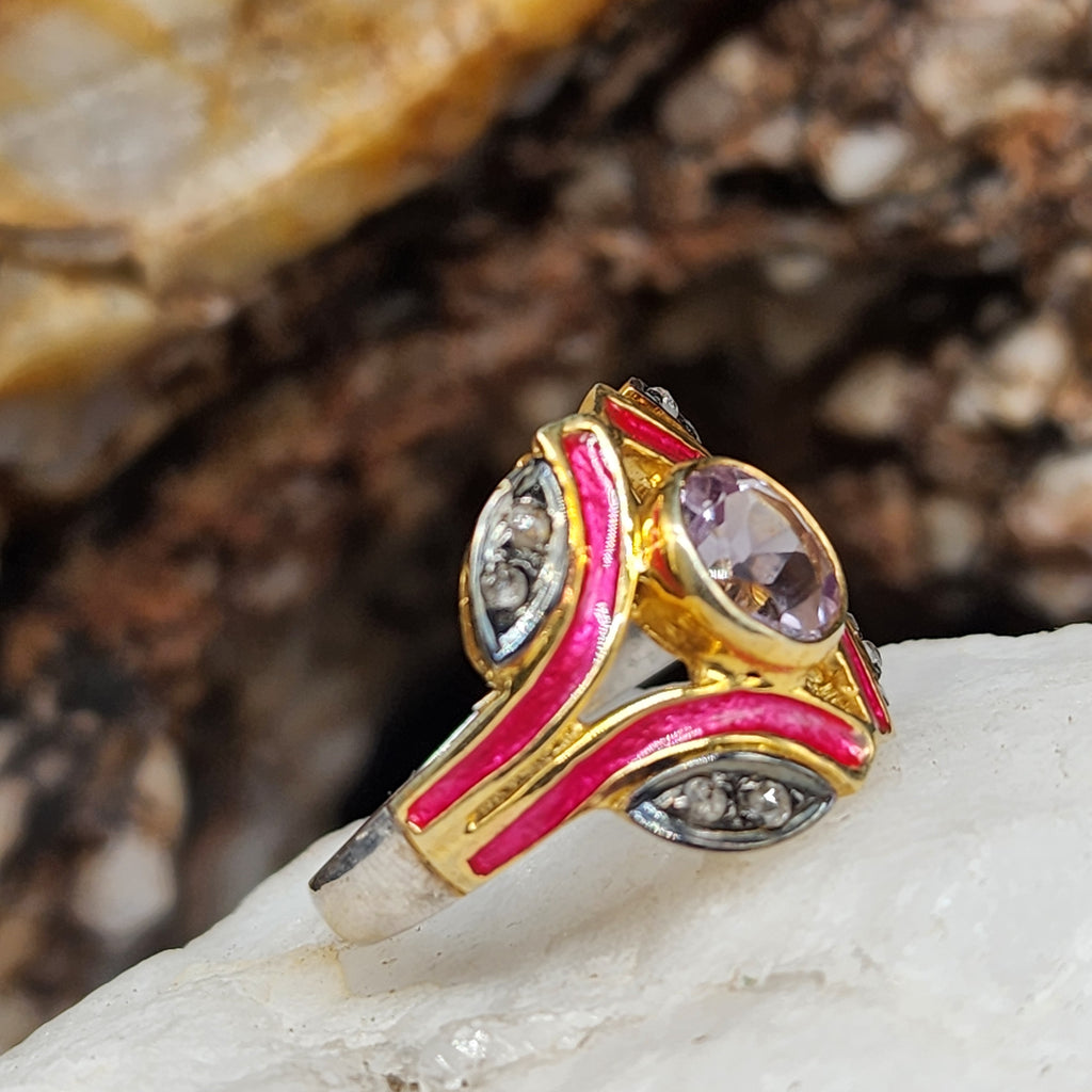 Spice of Life / 8.2 / Designer Jewelry Amethist Diamond Unique Ring Hypoallergenic Silver 925/14K Gold Ring Gift for Momen