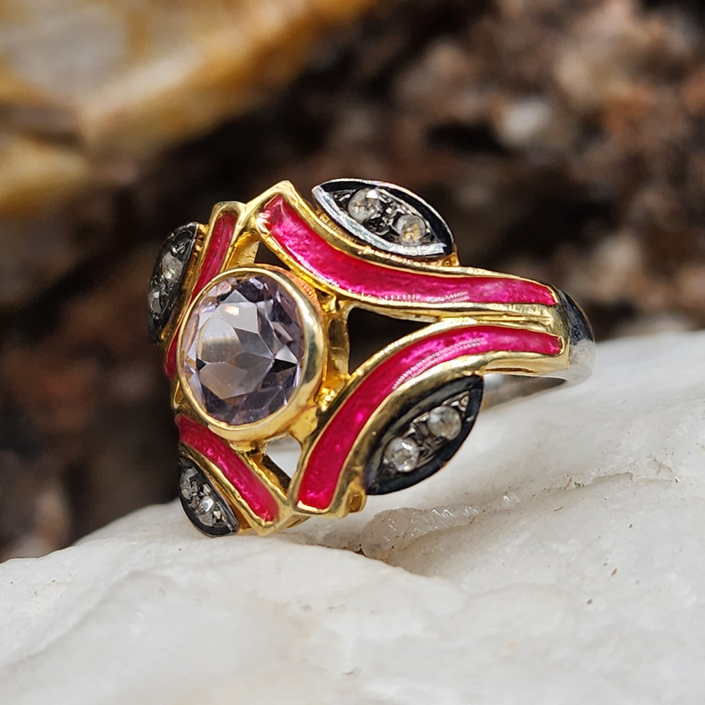 Spice of Life / 8.2 / Designer Jewelry Amethist Diamond Unique Ring Hypoallergenic Silver 925/14K Gold Ring Gift for Momen