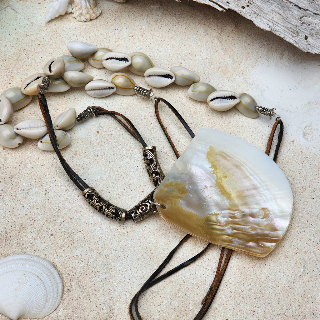 BOYS IN THE OCEAN / Designer Jewelry Large Ocean Shell Necklace Shell Mother Of Pearl Stone Necklace Leather Necklace