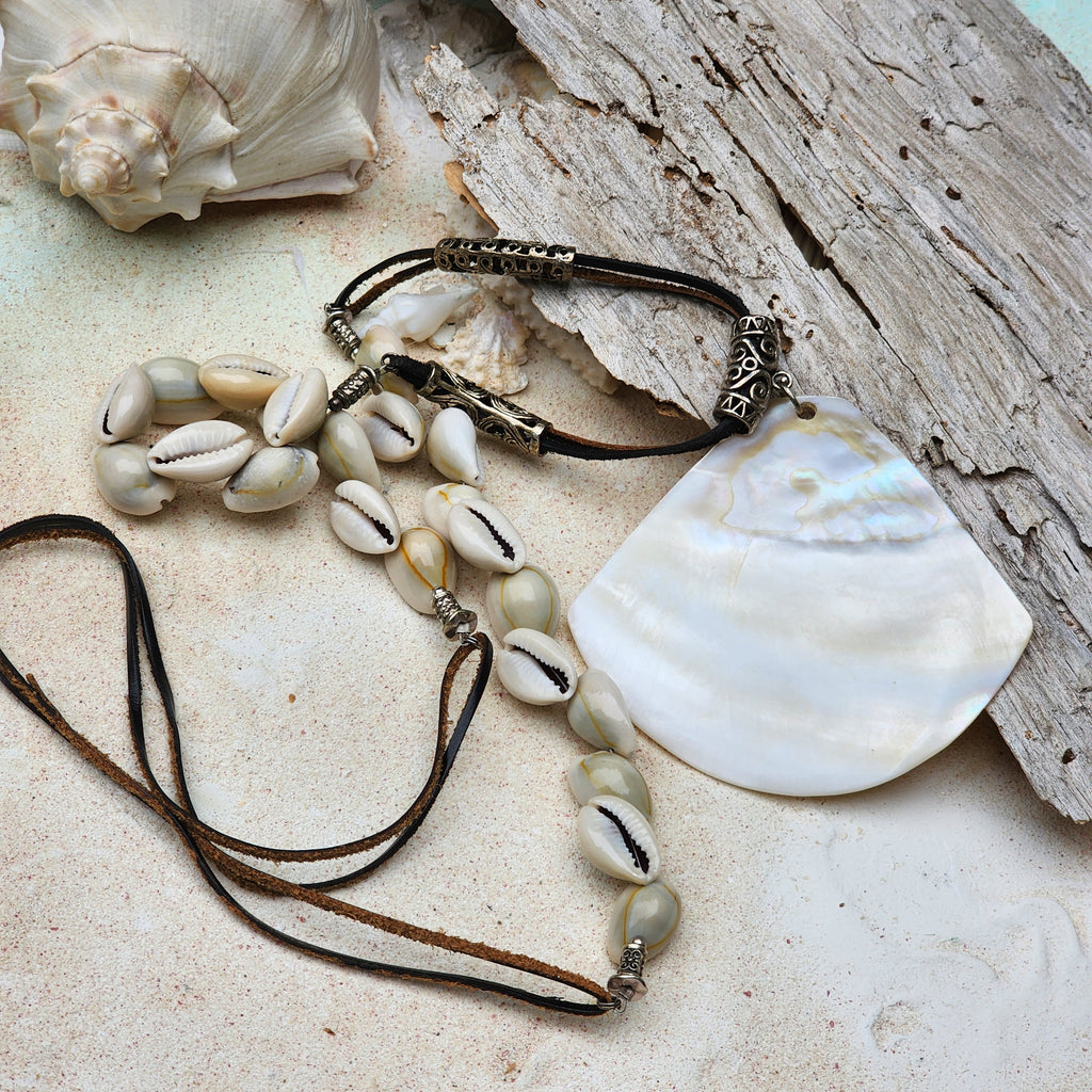 BOYS IN THE OCEAN / Designer Jewelry Large Ocean Shell Necklace Shell Mother Of Pearl Stone Necklace Leather Necklace