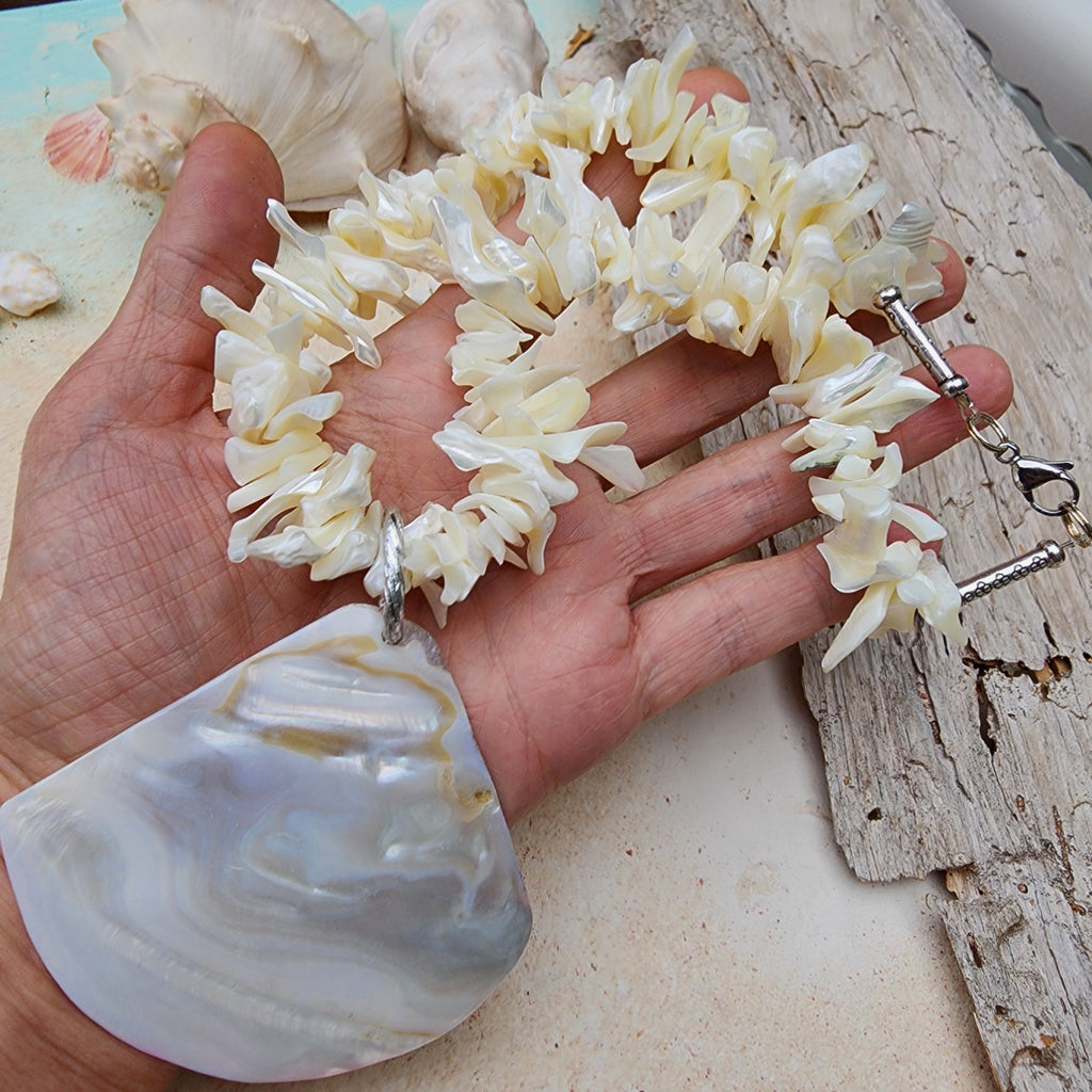 WRECK BAR / Designer Jewelry Large Ocean Shell Necklace Shell Mother Of Pearl Stone Necklace Boho Seashell Mermade Necklace