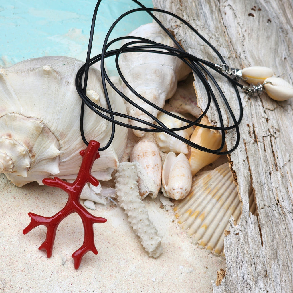 Become A Mermaid / Big Coral Pendant Leather Necklace Unique Pearl Lariet Necklace Beach Necklace Gift for Bohemian Girl