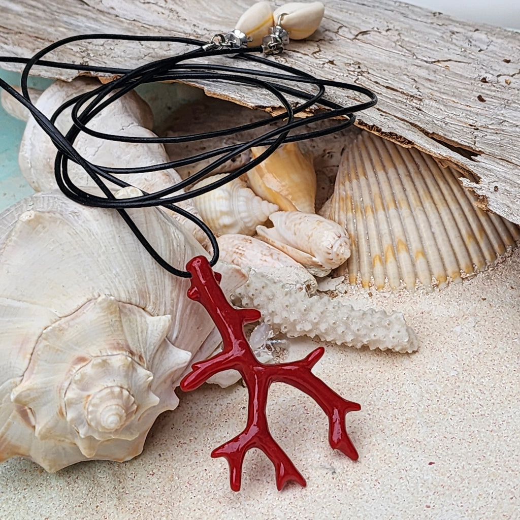 Become A Mermaid / Big Coral Pendant Leather Necklace Unique Pearl Lariet Necklace Beach Necklace Gift for Bohemian Girl