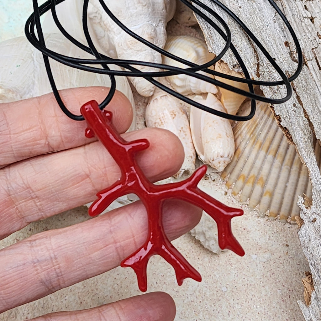 Become A Mermaid / Big Coral Pendant Leather Necklace Unique Pearl Lariet Necklace Beach Necklace Gift for Bohemian Girl