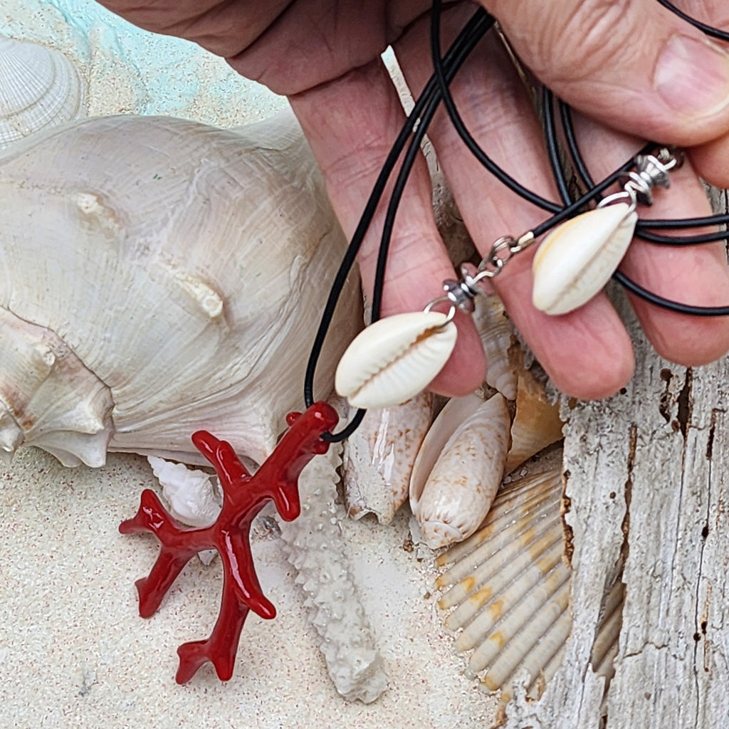 Become A Mermaid / Big Coral Pendant Leather Necklace Unique Pearl Lariet Necklace Beach Necklace Gift for Bohemian Girl