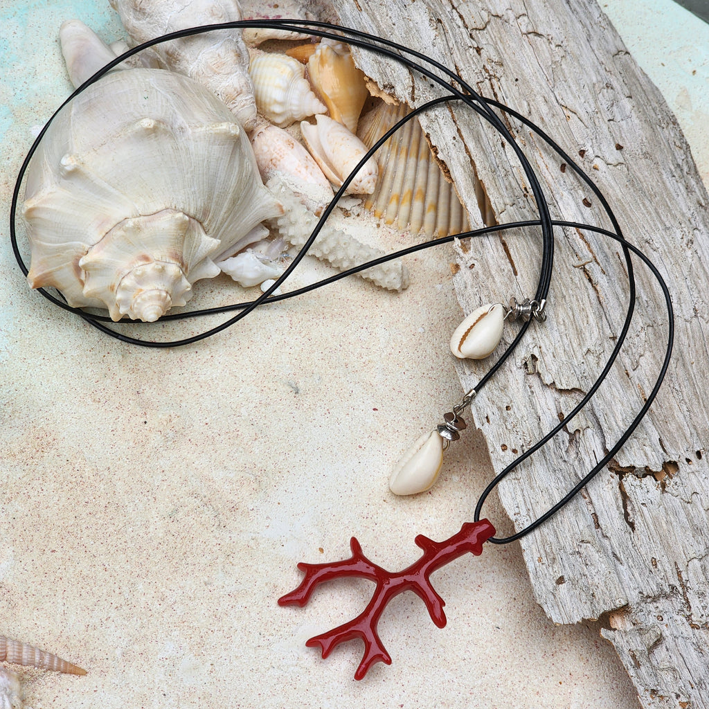 Become A Mermaid / Big Coral Pendant Leather Necklace Unique Pearl Lariet Necklace Beach Necklace Gift for Bohemian Girl