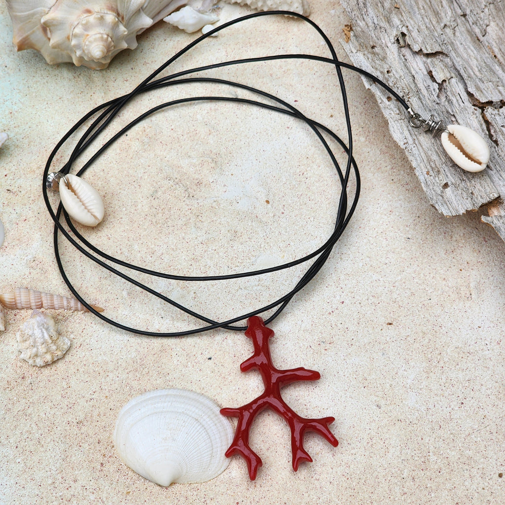 Become A Mermaid / Big Coral Pendant Leather Necklace Unique Pearl Lariet Necklace Beach Necklace Gift for Bohemian Girl