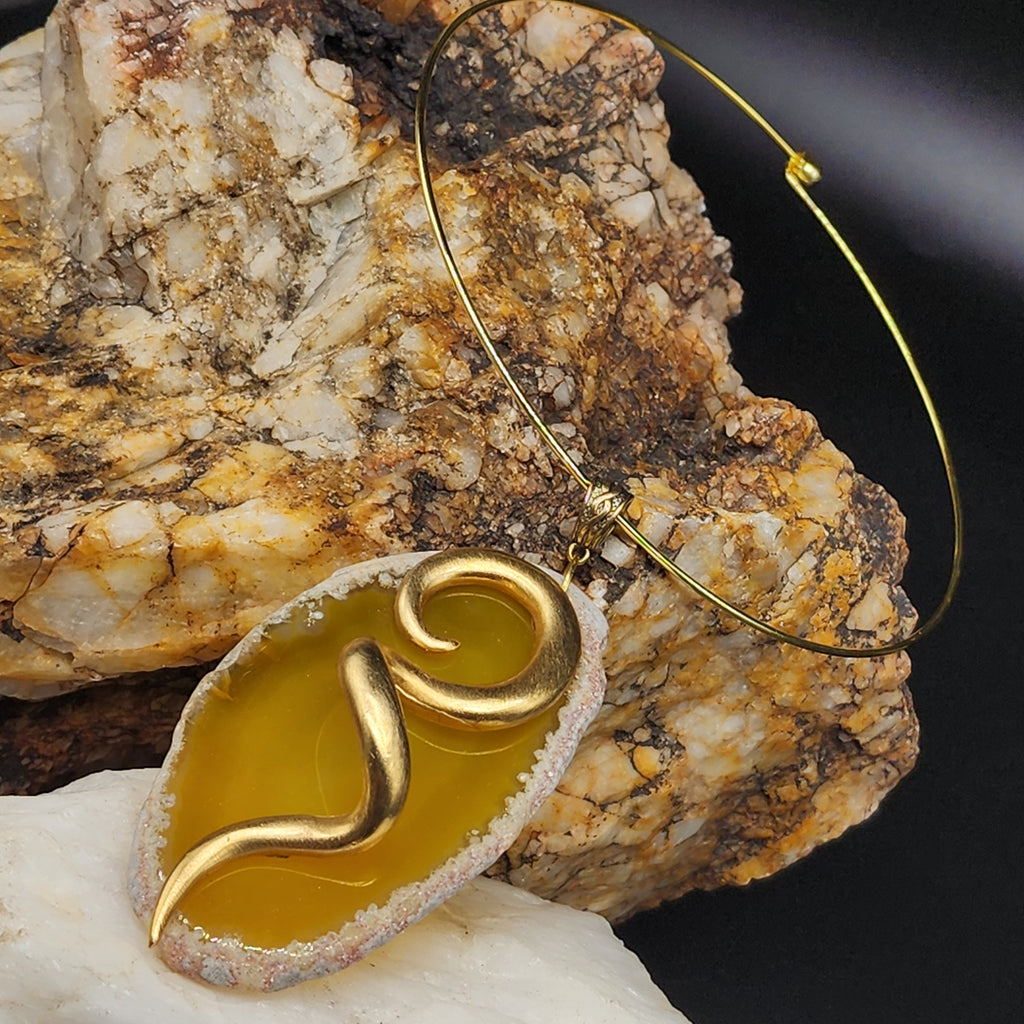 MY HONEY / Artisan Boho Necklace Designer Jewelry Vintage Gold Pendant Natural Agate Stone Simple Necklace Gift For Women