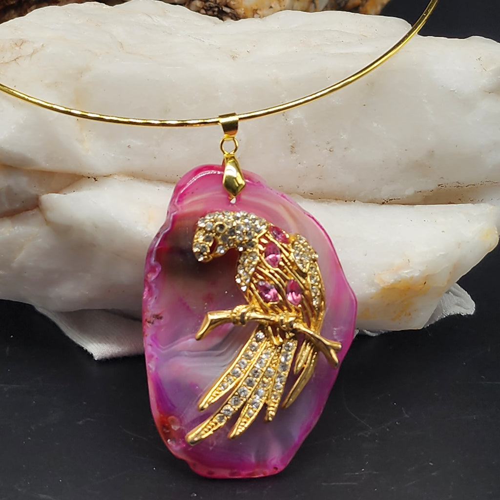 HOT ONE / Artisan Boho Necklace Designer Jewelry Gold Parrot Bird Pendant Natural Pink Agate Stone Unique Necklace Gift For Lady
