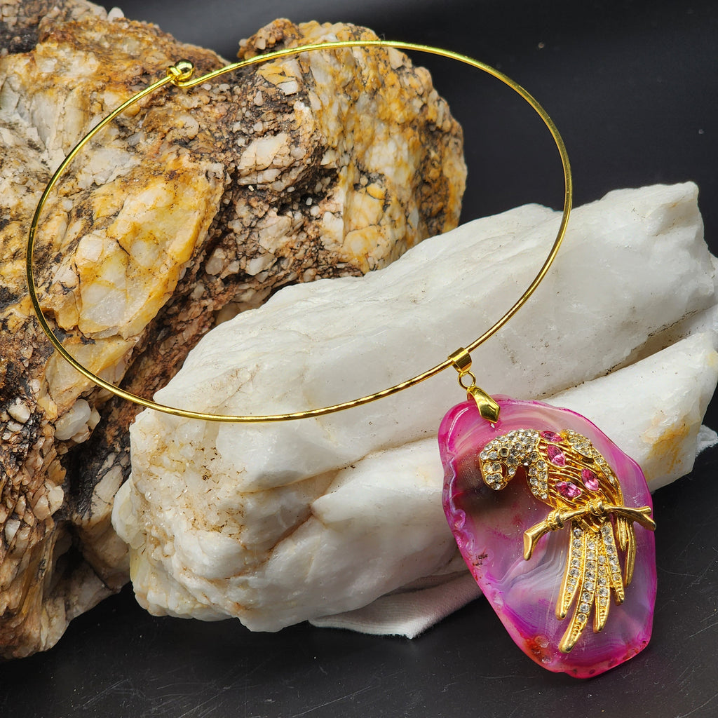 HOT ONE / Artisan Boho Necklace Designer Jewelry Gold Parrot Bird Pendant Natural Pink Agate Stone Unique Necklace Gift For Lady