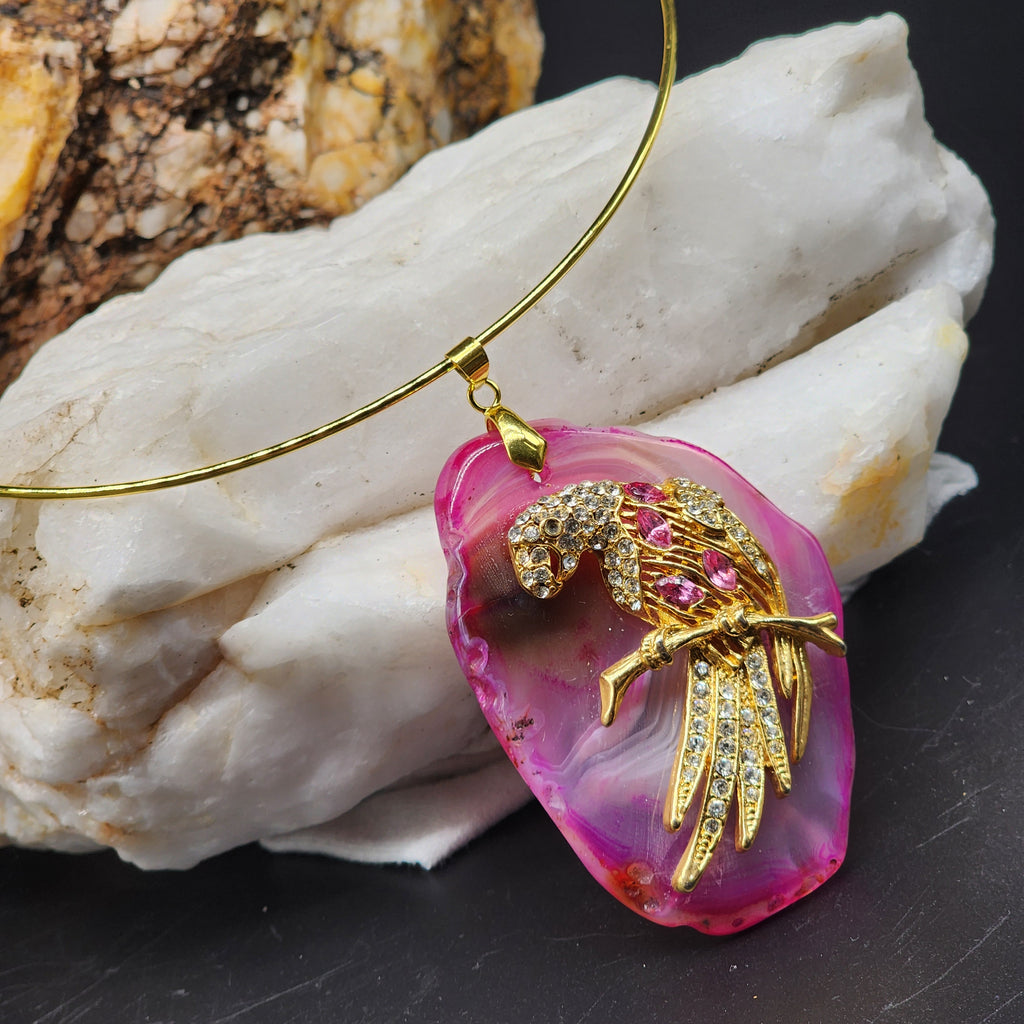 HOT ONE / Artisan Boho Necklace Designer Jewelry Gold Parrot Bird Pendant Natural Pink Agate Stone Unique Necklace Gift For Lady