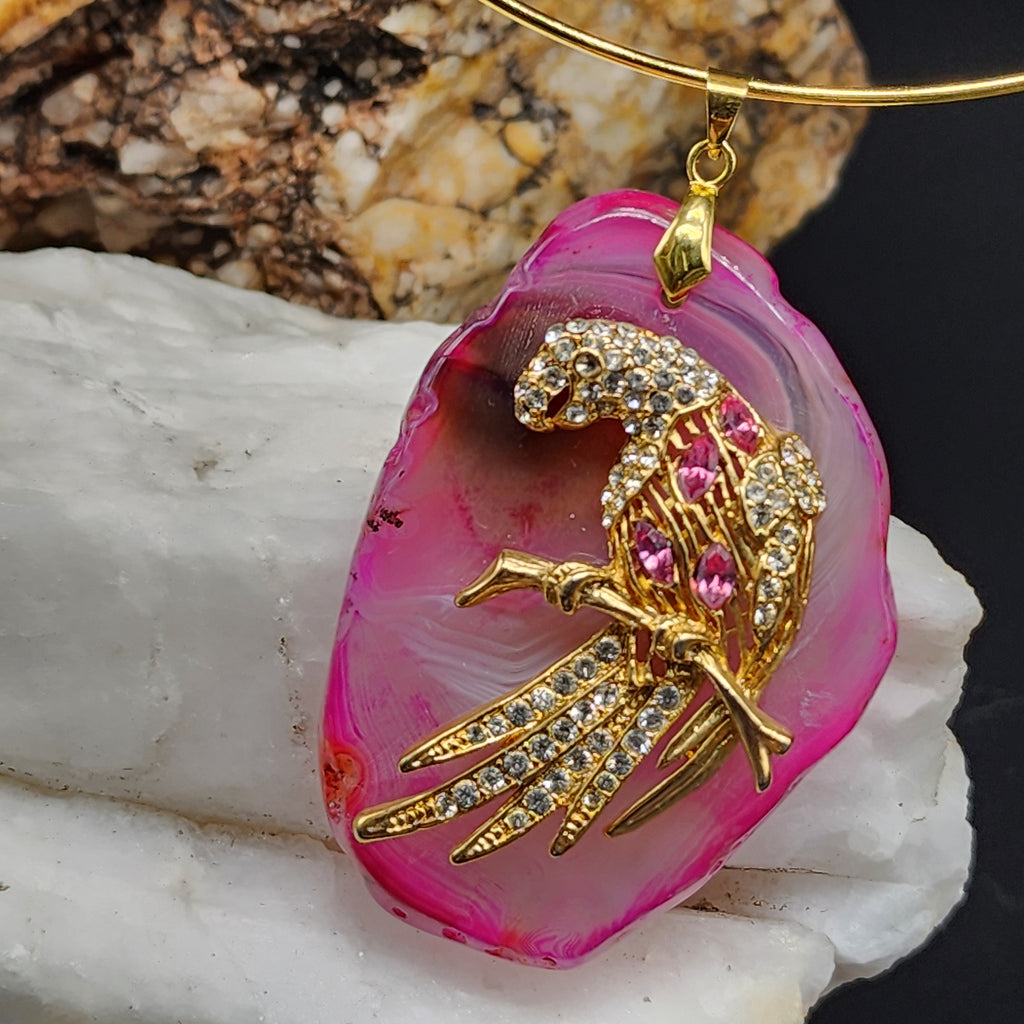 HOT ONE / Artisan Boho Necklace Designer Jewelry Gold Parrot Bird Pendant Natural Pink Agate Stone Unique Necklace Gift For Lady