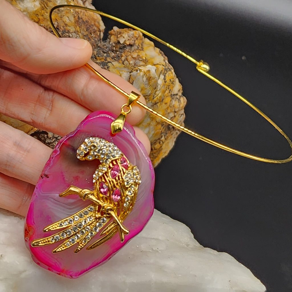 HOT ONE / Artisan Boho Necklace Designer Jewelry Gold Parrot Bird Pendant Natural Pink Agate Stone Unique Necklace Gift For Lady