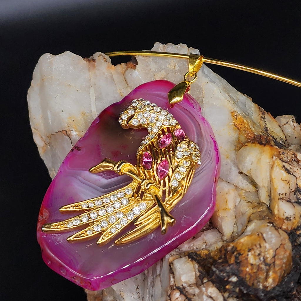 HOT ONE / Artisan Boho Necklace Designer Jewelry Gold Parrot Bird Pendant Natural Pink Agate Stone Unique Necklace Gift For Lady