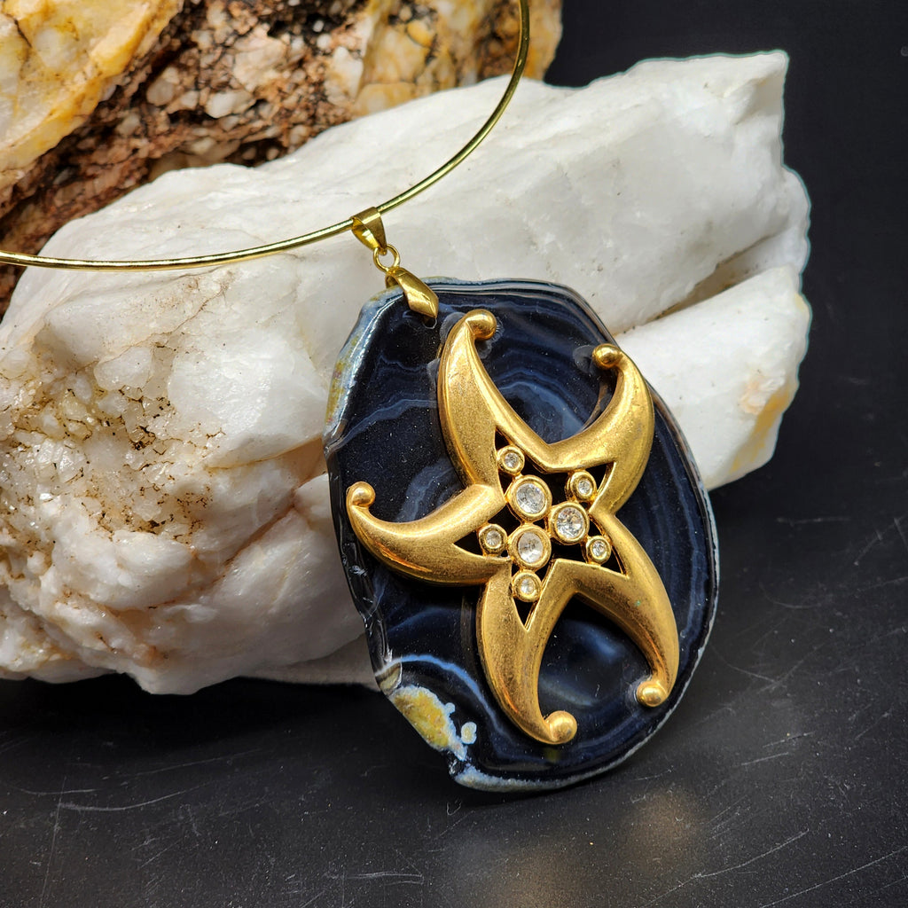 Vacation Now / Artisan Boho Necklace Designer Jewelry Gold Sea Star Pendant Natural Blue Agate Stone Unique Necklace Gift For Lady