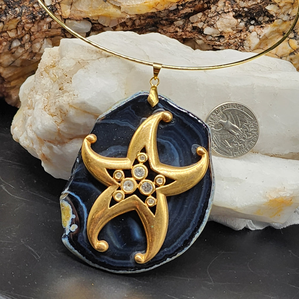 Vacation Now / Artisan Boho Necklace Designer Jewelry Gold Sea Star Pendant Natural Blue Agate Stone Unique Necklace Gift For Lady