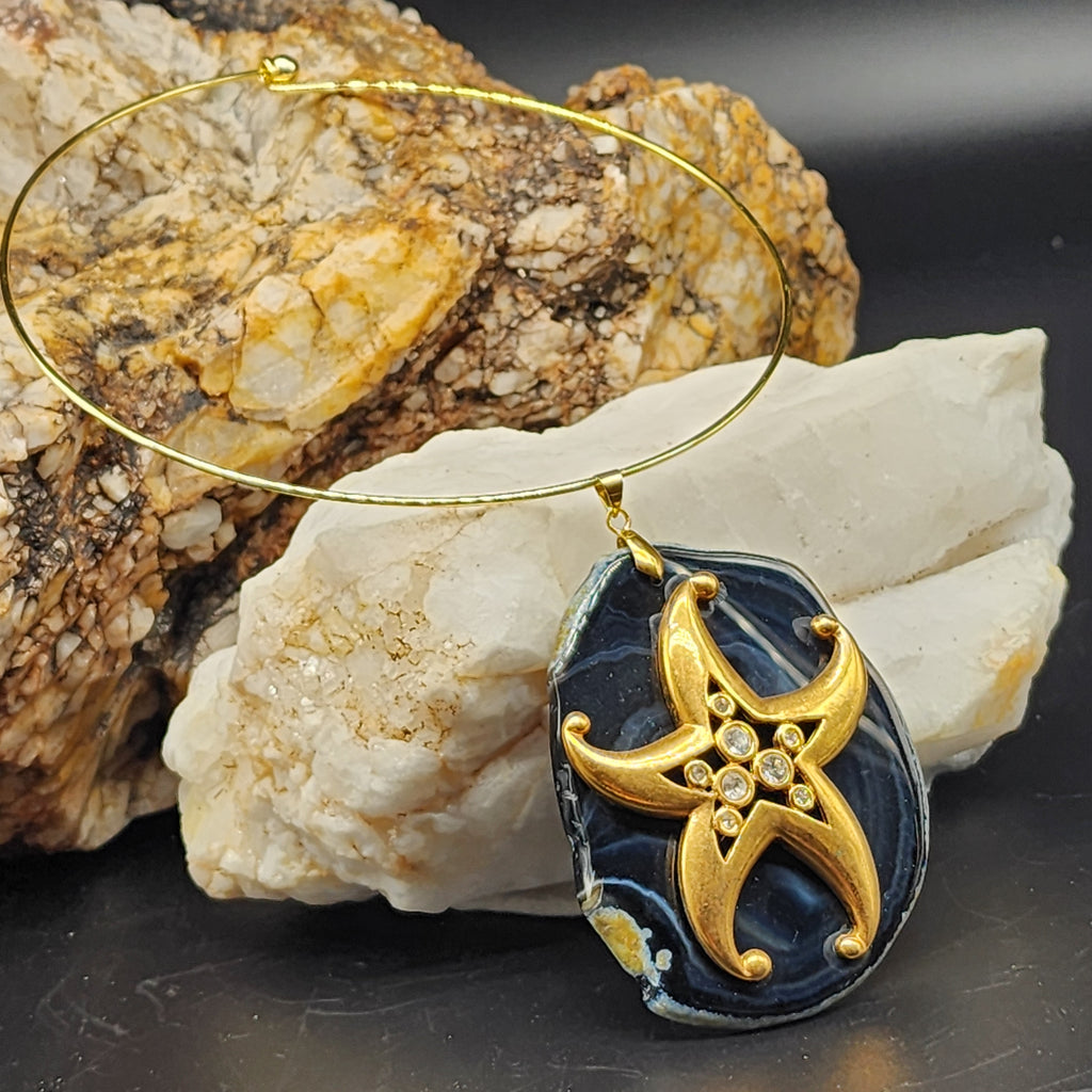 Vacation Now / Artisan Boho Necklace Designer Jewelry Gold Sea Star Pendant Natural Blue Agate Stone Unique Necklace Gift For Lady