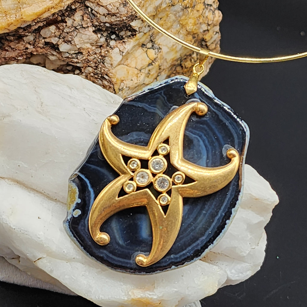 Vacation Now / Artisan Boho Necklace Designer Jewelry Gold Sea Star Pendant Natural Blue Agate Stone Unique Necklace Gift For Lady