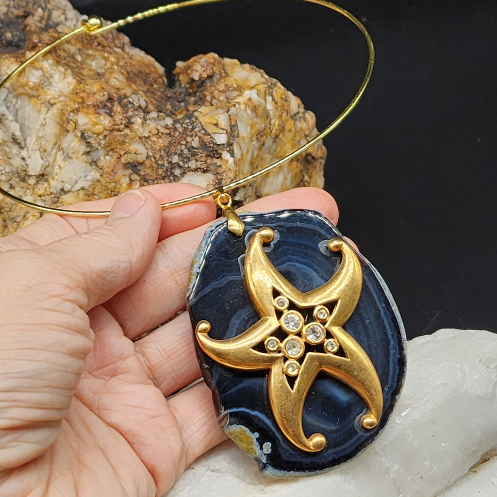 Vacation Now / Artisan Boho Necklace Designer Jewelry Gold Sea Star Pendant Natural Blue Agate Stone Unique Necklace Gift For Lady
