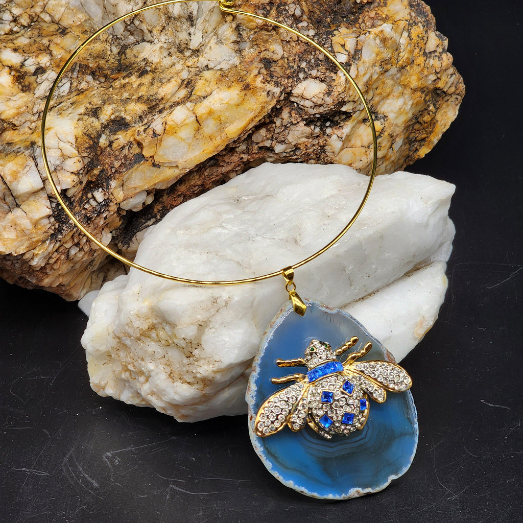 Stranger In Paradise / Artisan Boho Necklace Designer Jewelry Gold Bee Pendant Natural Agate Stone Unique Necklace Gift For Lady