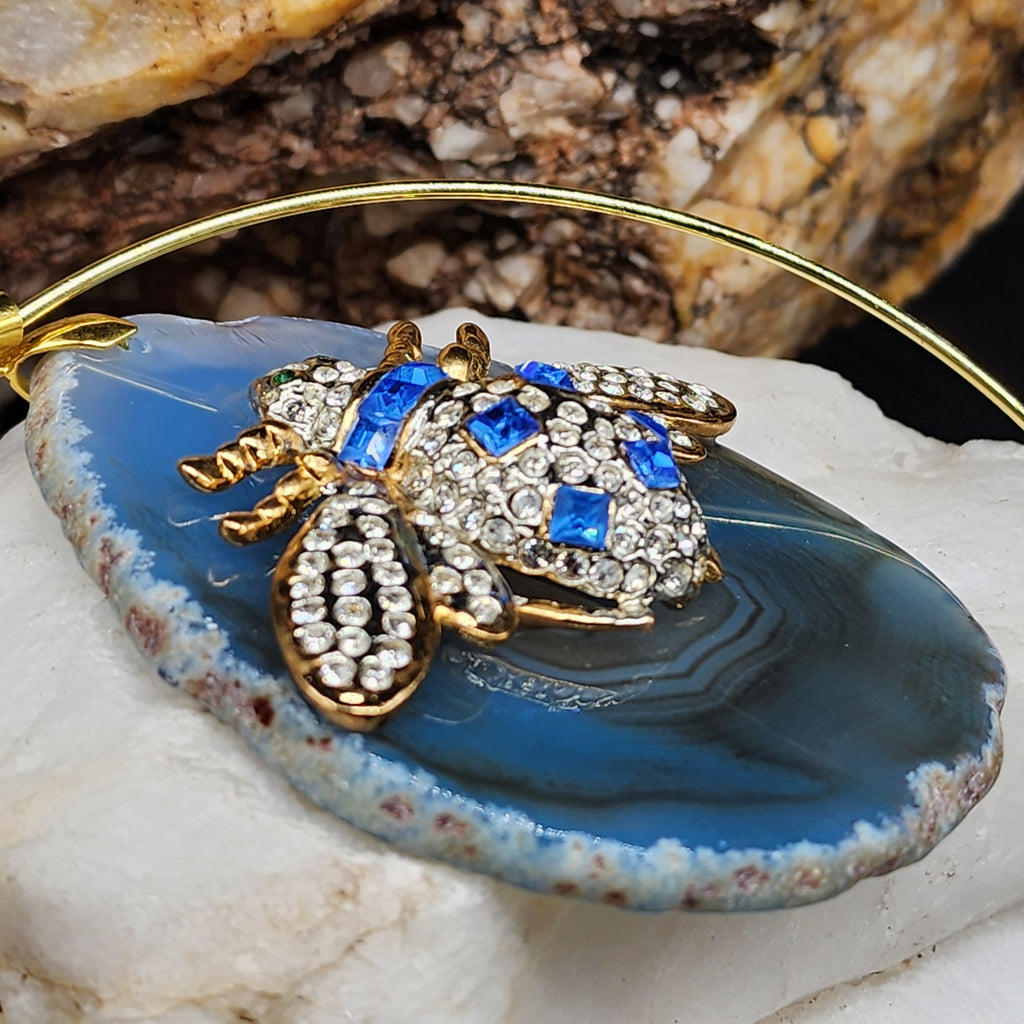 Stranger In Paradise / Artisan Boho Necklace Designer Jewelry Gold Bee Pendant Natural Agate Stone Unique Necklace Gift For Lady